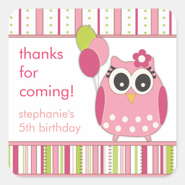Pink & Lime Girly Owl Birthday Party Favor Sticker (Front)