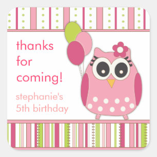 Pink & Lime Girly Owl Birthday Party Favor Sticker