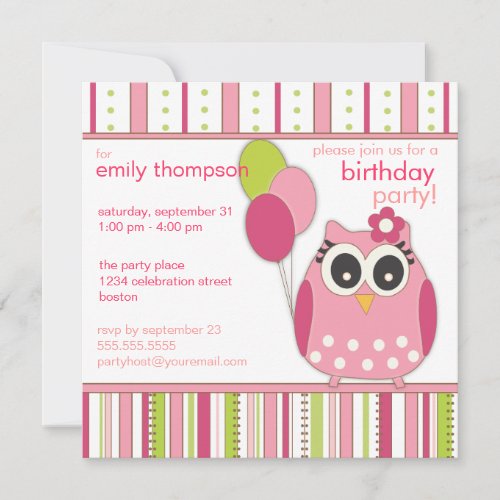 Pink &amp; Lime Girly Owl Birthday Party Invitation