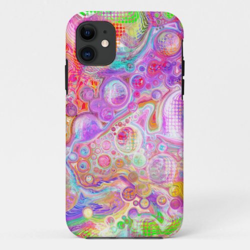 Pink Lime Green and Blue Bubbly Art iPhone 11 Case