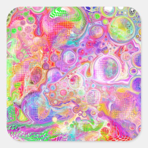 Pink Lime Green and Blue Bubbly Art    Square Sticker