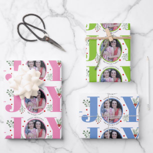 Pink, lime green, blue Joy Christmas holiday photo Wrapping Paper Sheets