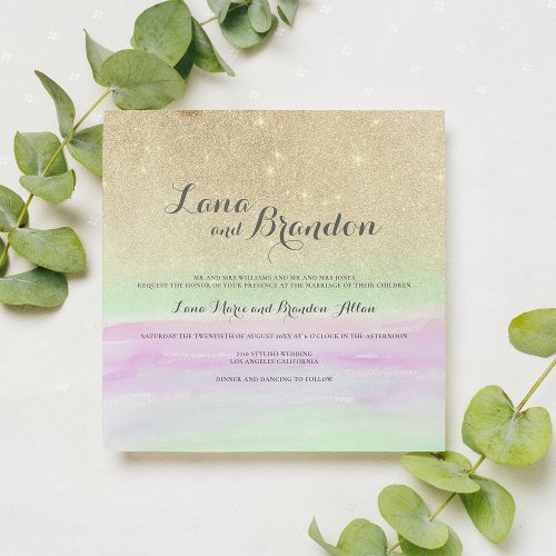 Pink lime green gold glitter watercolor wedding  invitation