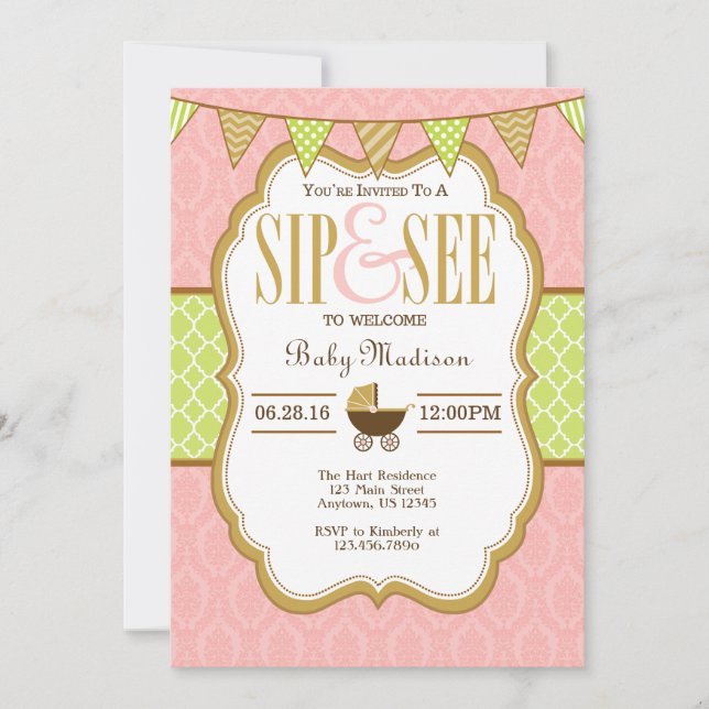 Pink Lime Green Gold Sip And See Invitation (Front)