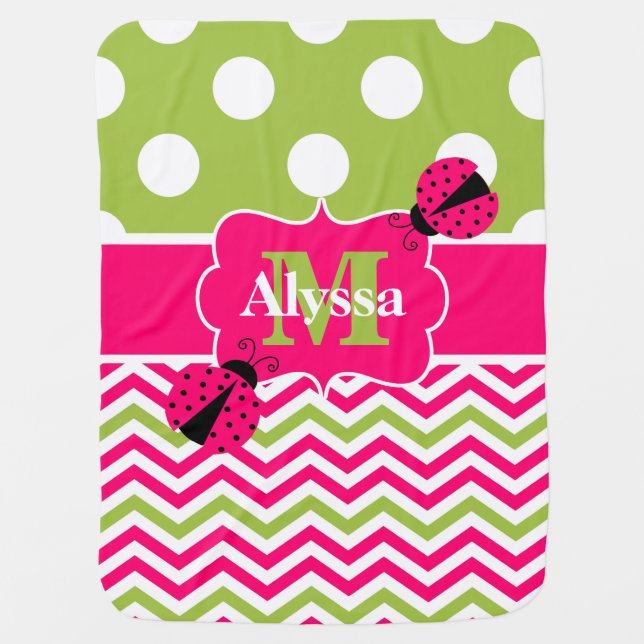 Pink Lime Green Ladybug Dots Chevron Personalized Swaddle Blanket (Front)