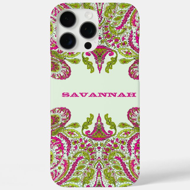 Pink & Lime Green Personalized Damask iPhone Cover (Back)