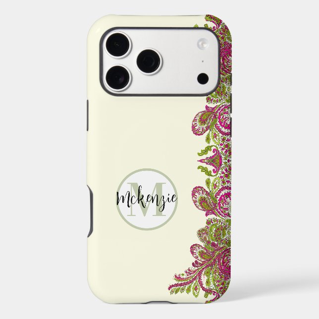 Pink Lime Green Personalized Damask iPhone Cover- Case-Mate iPhone Case (Back)