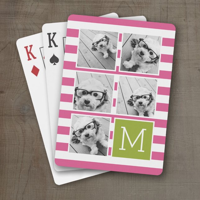 Pink Lime Striped Photo Collage Custom Monogram Poker Cards (Personalized Playing Cards)