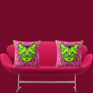 Pink Lime White Black Modern Cute Cat Colorful Throw Pillow