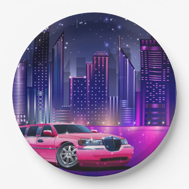 Pink Limo Limousine City Sweet 16 Birthday Party Paper Plates (Front)