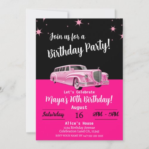 Pink Limousine Doll Party Birthday Invitation