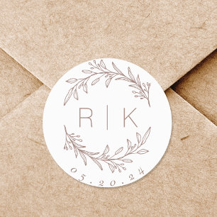 Pink Line Art Botanical Wreath Wedding Monogram Classic Round Sticker