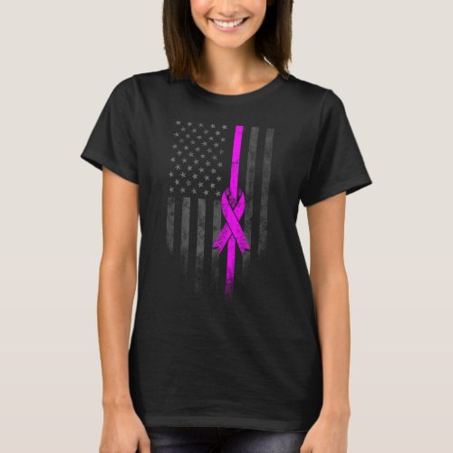 Pink Line Breast Cancer Ribbon American Flag T_Shirt
