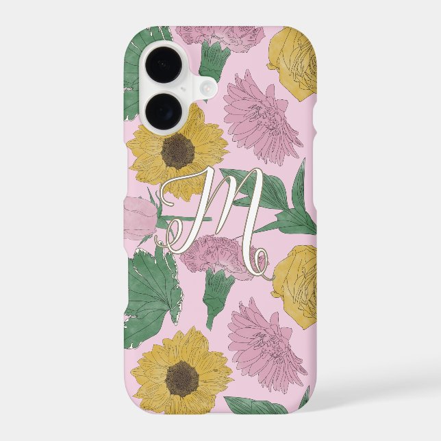 Pink Lined Flowers Monogram iPhone Case (Back)