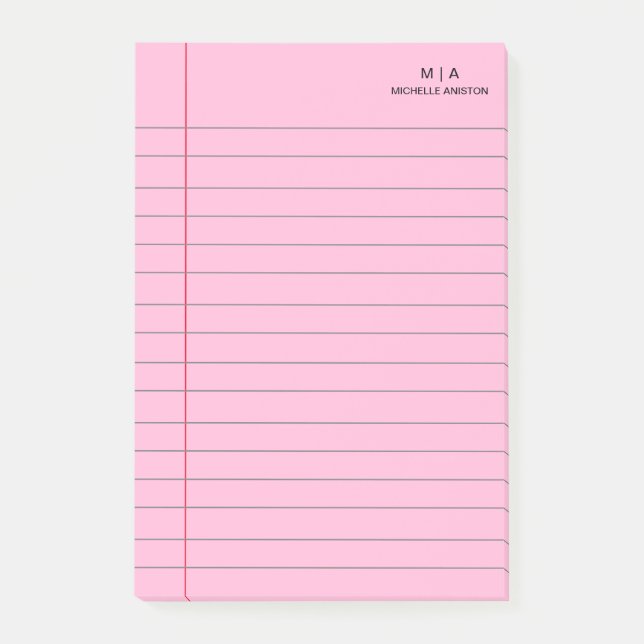 Pink Lined School Notebook Paper Monogram Post-it Notes (Front)