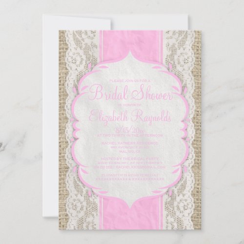 Pink Linen Burlap &amp; Lace Bridal Shower Invitations