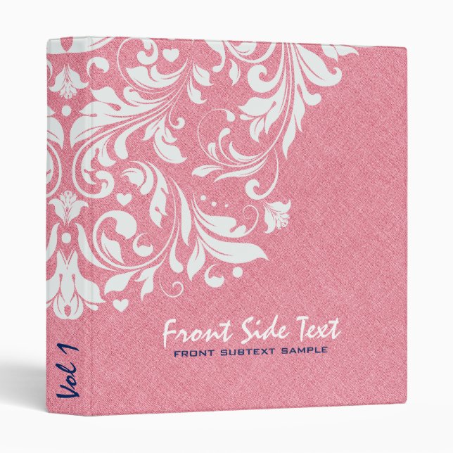 Pink Linen Burlap White Floral Lace Binder (Front/Spine)