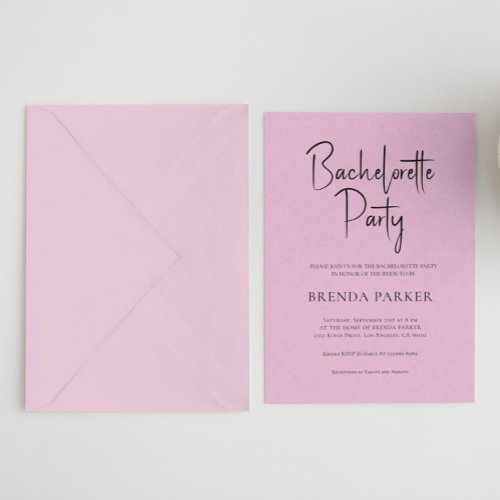 Pink Linen Simple Black Script Bachelorette Party Invitation