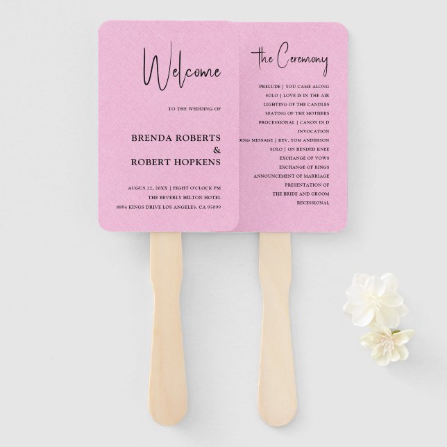 Pink Linen Simple Black Script Wedding Hand Fan (Front and Back)