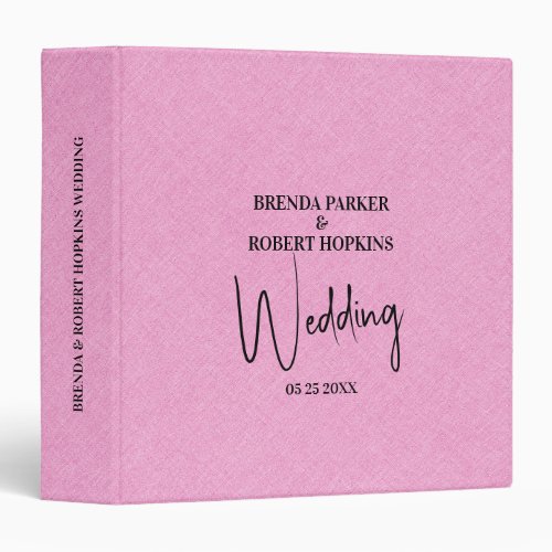 Pink linen Simple Black Script Wedding Invite 3 Ring Binder