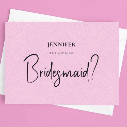 Pink Linen White Script Will You Be My Bridesmaid Invitation