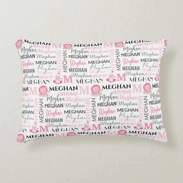 Pink Lion and Zebra with Name and Monogram Pattern Accent Pillow (Front)