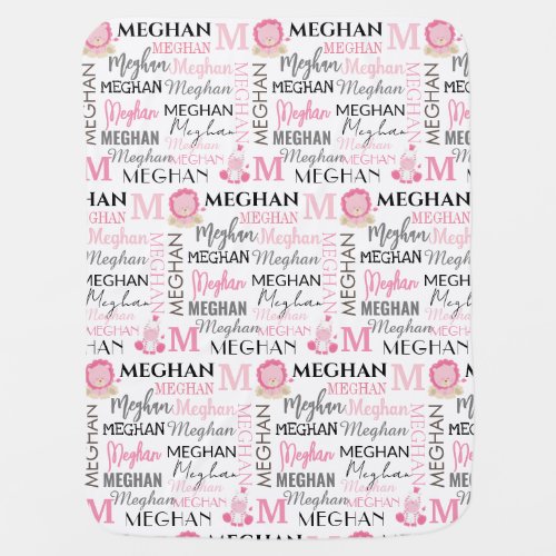 Pink Lion and Zebra with Name and Monogram Pattern Baby Blanket