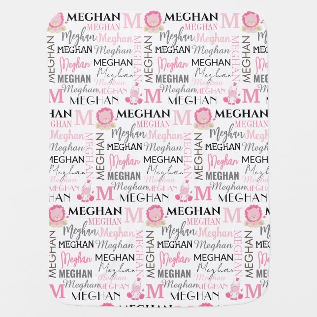 Pink Lion and Zebra with Name and Monogram Pattern Baby Blanket (Front)
