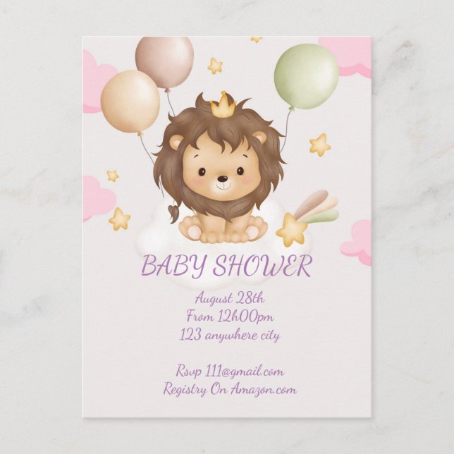 Pink lion baby shower invitation  postcard (Front)