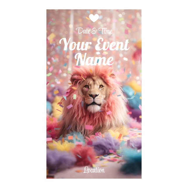 Pink Lion Confetti and Feather Kids Birthday Party Digital Templates (Front)