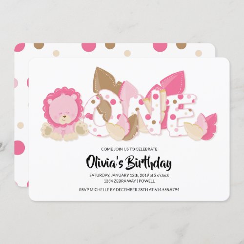 Pink Lion First Birthday Party Invitation