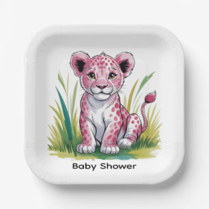 Pink Lion Girl Baby Shower Paper Plates