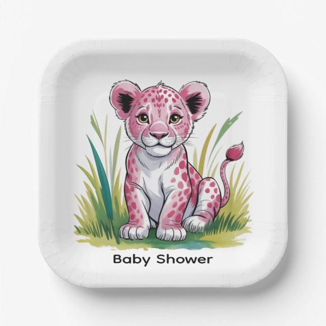 Pink Lion Girl Baby Shower Paper Plates (Front)