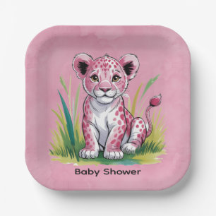 Pink Lion Girl Baby Shower Paper Plates