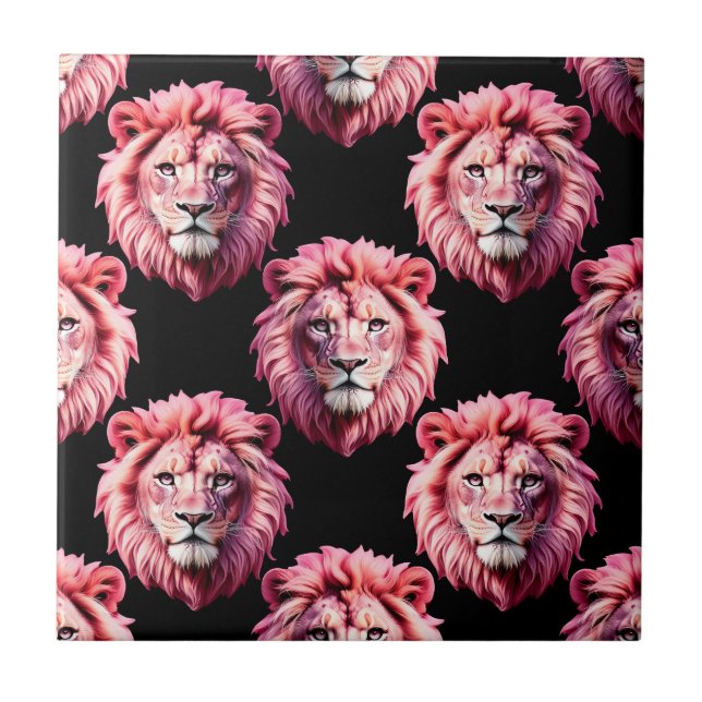 Pink Lion Head Animal Pattern Design - Black  Ceramic Tile (Front)