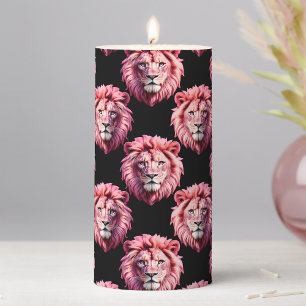 Pink Lion Head Animal Pattern Design - Black Pillar Candle