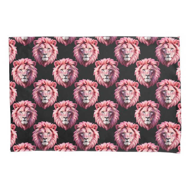 Pink Lion Head Animal Pattern Design - Black  Pillow Case (Front)