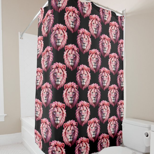 Pink Lion Head Animal Pattern Design - Black  Shower Curtain (Creator Uploaded)