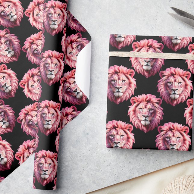 Pink Lion Head Animal Pattern Design - Black  Wrapping Paper (Creator Uploaded)