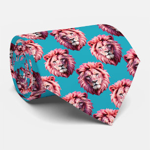 Pink Lion Head Animal Pattern Design Blue Neck Tie