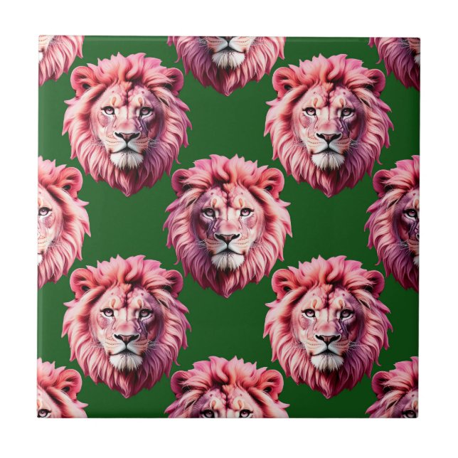 Pink Lion Head Animal Pattern Design Green  Ceramic Tile (Front)