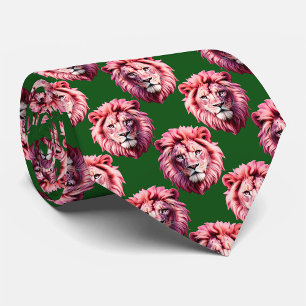 Pink Lion Head Animal Pattern Design Green Neck Tie