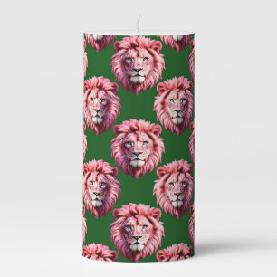 Pink Lion Head Animal Pattern Design Green Pillar Candle