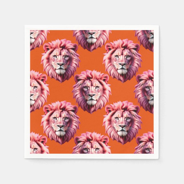 Pink Lion Head Animal Pattern Design Orange  Napkins (Front)