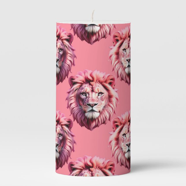 Pink Lion Head Animal Pattern Design Pink  Pillar Candle (Front)