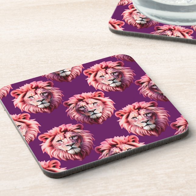 Pink Lion Head Animal Pattern Design Purple  Beverage Coaster (Creator Uploaded)