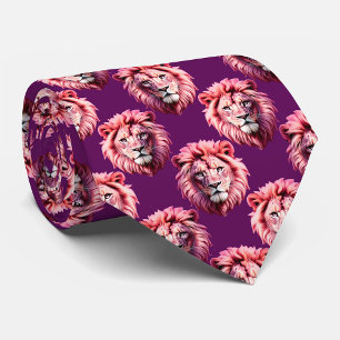 Pink Lion Head Animal Pattern Design Purple Neck Tie