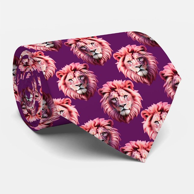 Pink Lion Head Animal Pattern Design Purple  Neck Tie (Creator Uploaded)