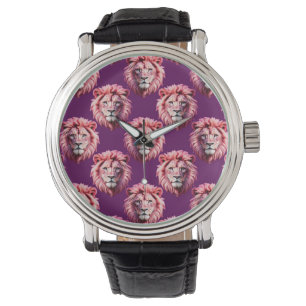 Pink Lion Head Animal Pattern Design Purple Watch