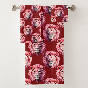 Pink Lion Head Animal Pattern Design Red Bath Towel Set